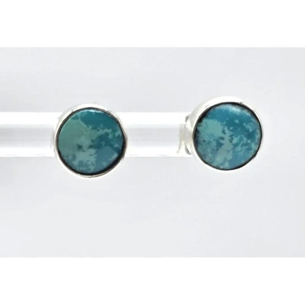 Turquoise Stud Earrings Sterling Silver 8mm Round Bezel Set Handmade Western NEW